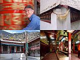 106 Marpha Gompa - Jerome Ryan Spins Prayer Wheel, Prayer Wheels, Main Temple, Young Monk Inside Gompa UL: At the entrance to the Marpha Gompa, Jerome Ryan spun a big prayer wheel, which was a present from the Dalai Lama over 100 years ago. UR: Prayer wheels outside the gompa. LL: Outside the main temple. LR: A young monk let me in the Marpha Gompa, and told me the gompa was about 400 years old. He said there are 225 books of the Tenjur (the canonical commentary), which were hand-written in Tibet.